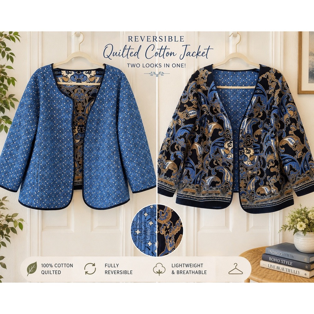 Reversible Quilted Blue Paisley Floral Open Front Jacket Women Plus Size XL